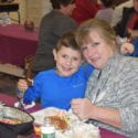 Students and their special friend having lunch