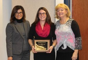 District Superintendent Dr. Gladys Cruz, Kara Sokolowski and Program Director Jane King at the ceremony honoring teachers and scientists for their participation in the 2016 Summer Research Program for STEM Teachers.