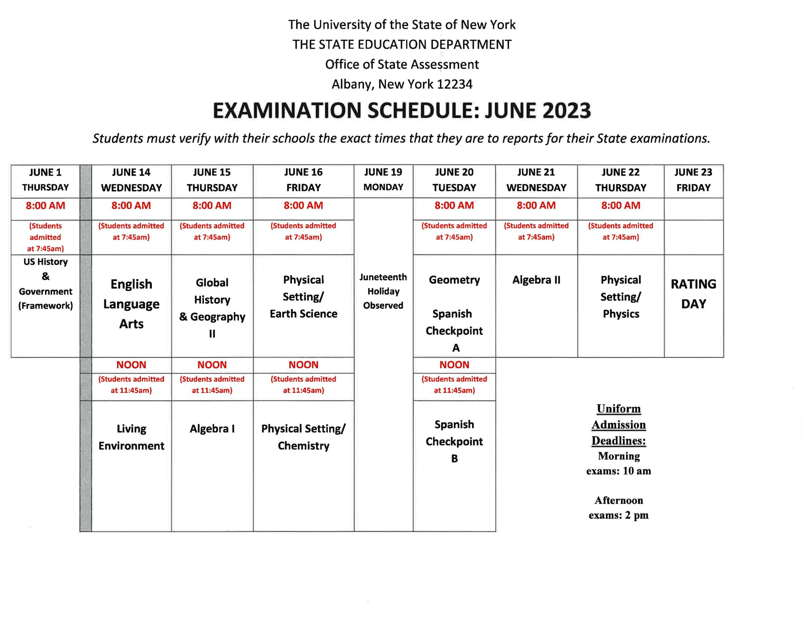 June 2023 Regents/Final Exam & Transportation Schedule New Lebanon CSD