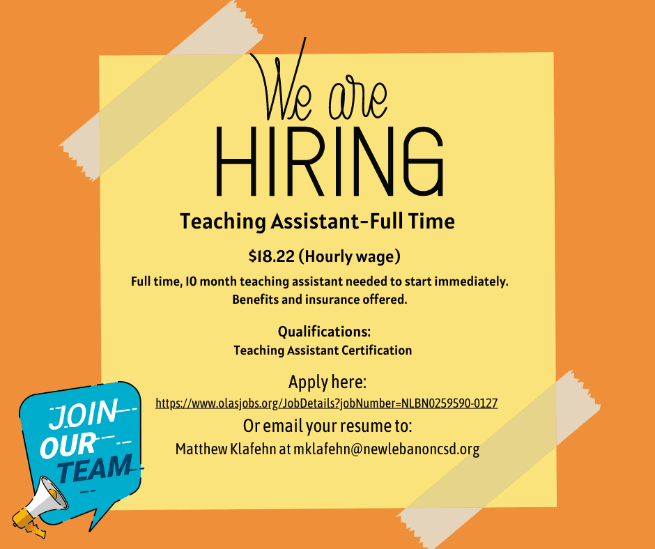 The NLCSD is Hiring a Full Time Teaching Assistant New Lebanon CSD